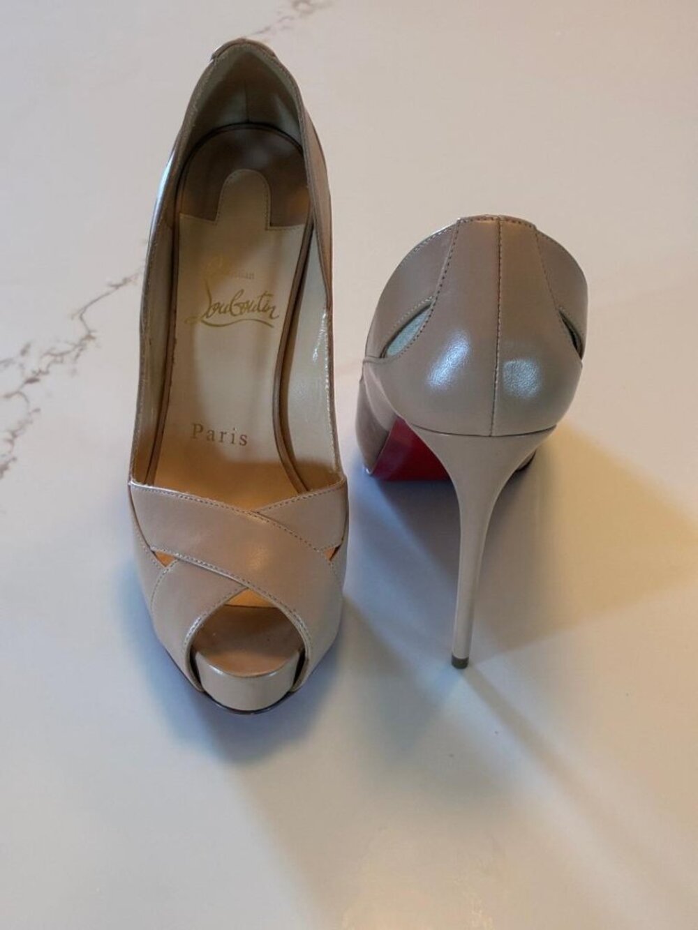 Share Christian Louboutin Beige Peep Toe Leather Platform Cutout Heels Women Sz